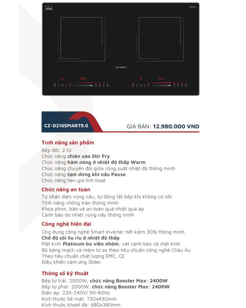 Bếp từ Canzy CZ-D216Smart 9.0 công nghệ Smart Inverter tiết kiệm 30% điện