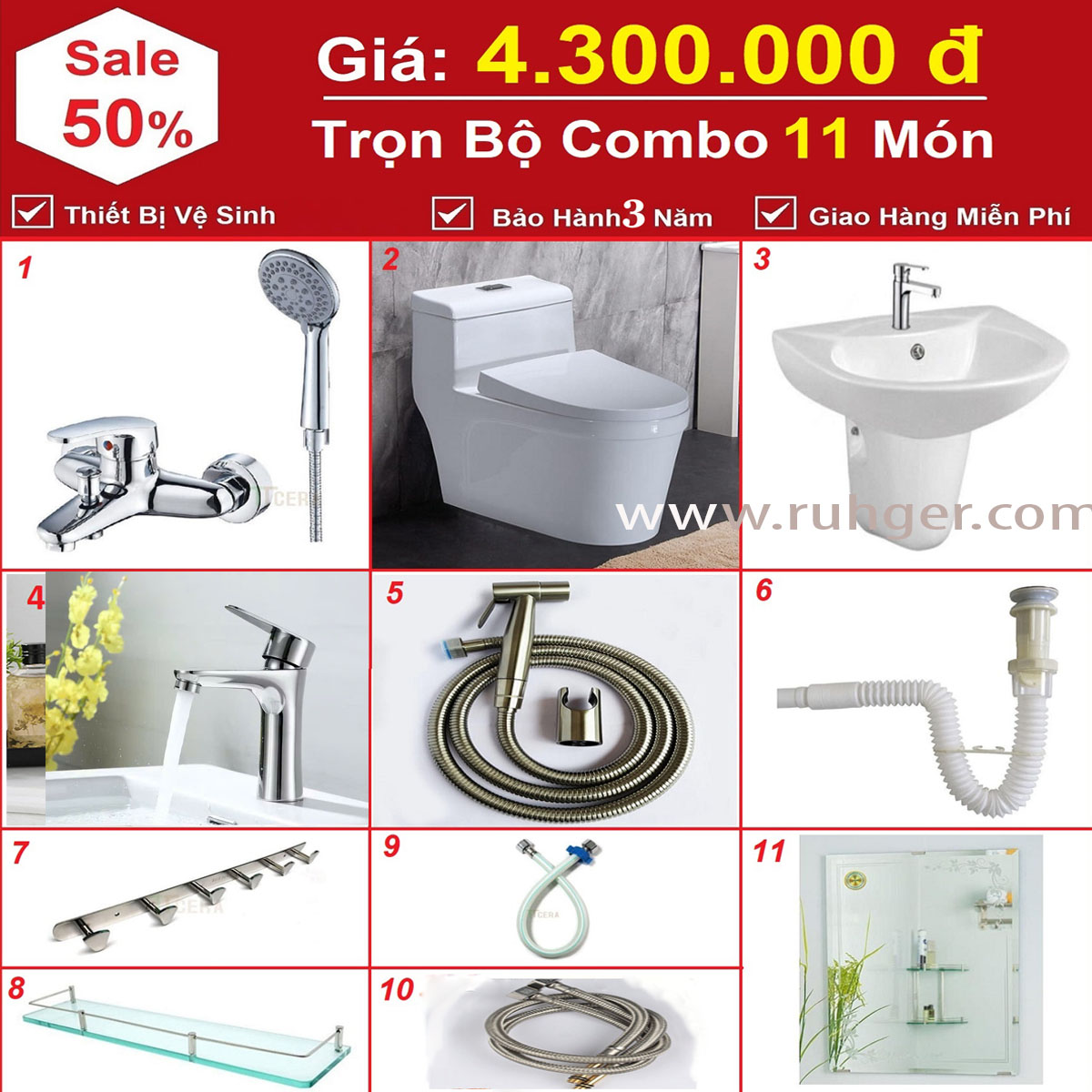 Bộ combo thiết bị vệ sinh phòng tắm CB48 cao cấp gồm 11 món đầy đủ, thiết kế sang trọng, chất liệu bền đẹp, bảo hành chính hãng Ruhger