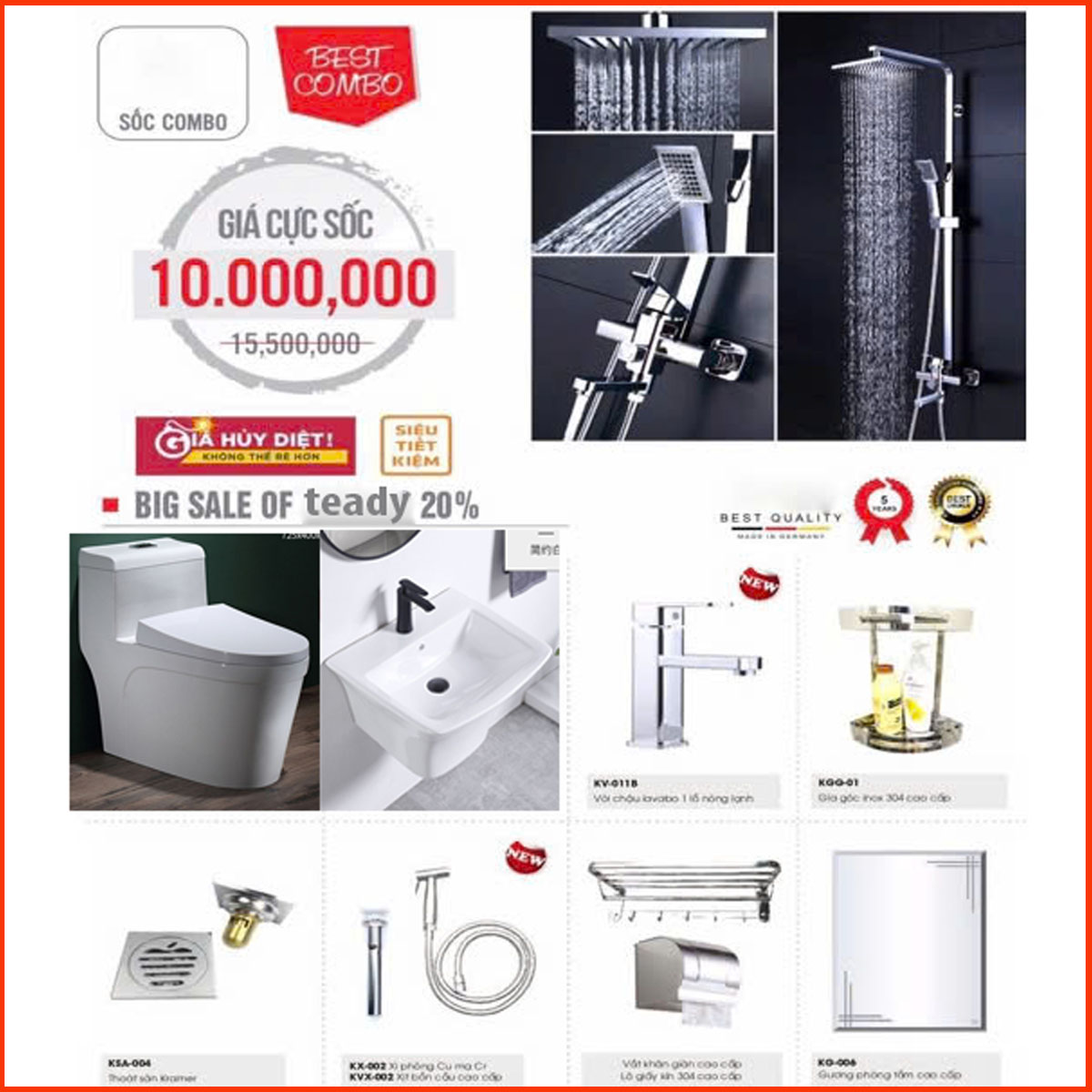 Combo thiết bị vệ sinh phòng tắm TD20 gồm bồn cầu, lavabo, sen cây, phụ kiện – Chính hãng Ruhger, giá tốt nhất