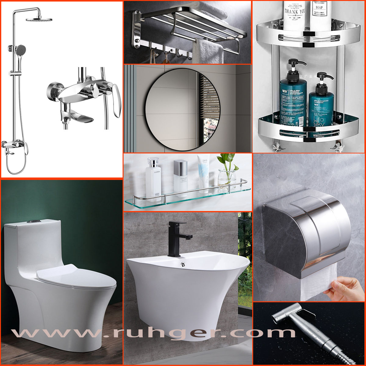 Bộ combo thiết bị vệ sinh phòng tắm cao cấp RG110K gồm 10 món hiện đại, sang trọng, bền đẹp, giá tốt tại Ruhger Việt Nam