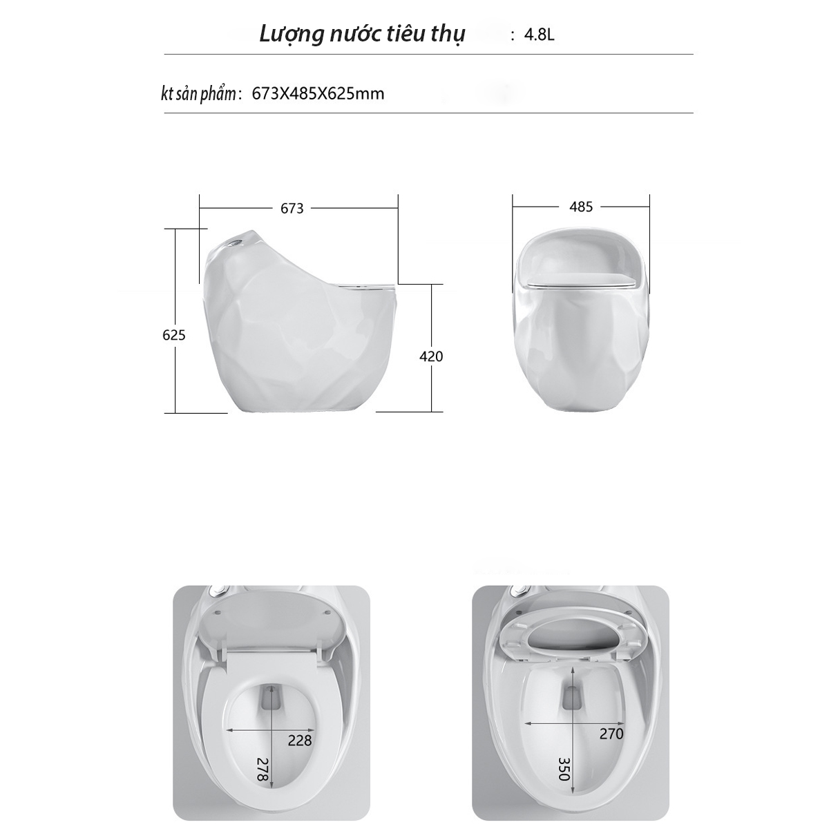 Bồn cầu CR6660 - thông số kỹ thuật  673 x 485 x 625 mm, phù hợp mọi không gian