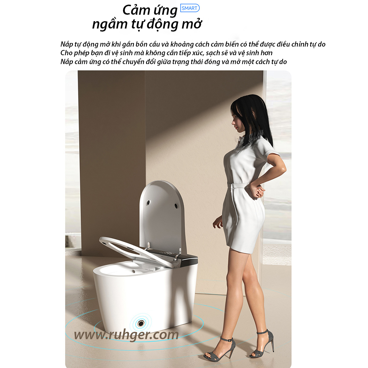 Bồn cầu CR 6944 với cơ chế lật nắp tự động, không cần chạm tay