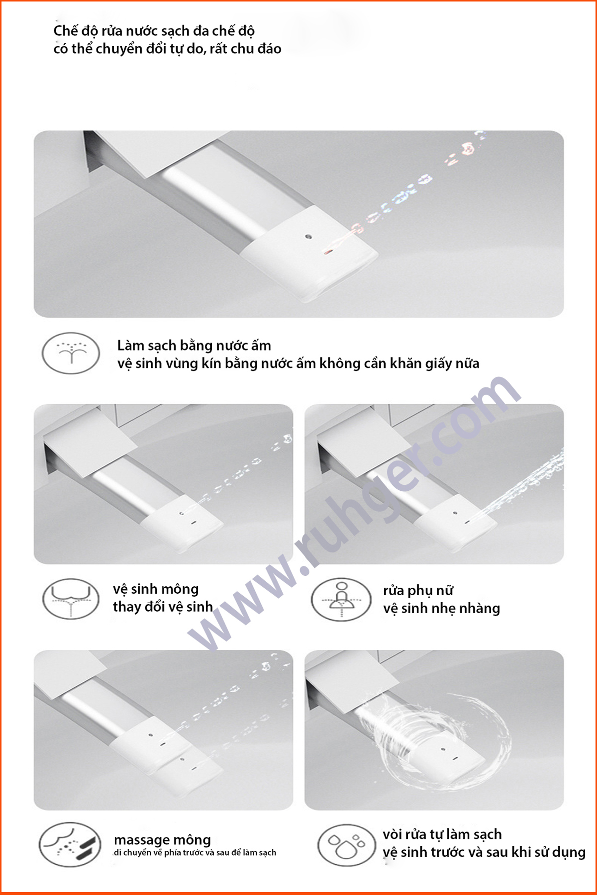 Vòi xịt vệ sinh của bồn cầu CR236 có chế độ dành cho nam, nữ và trẻ em