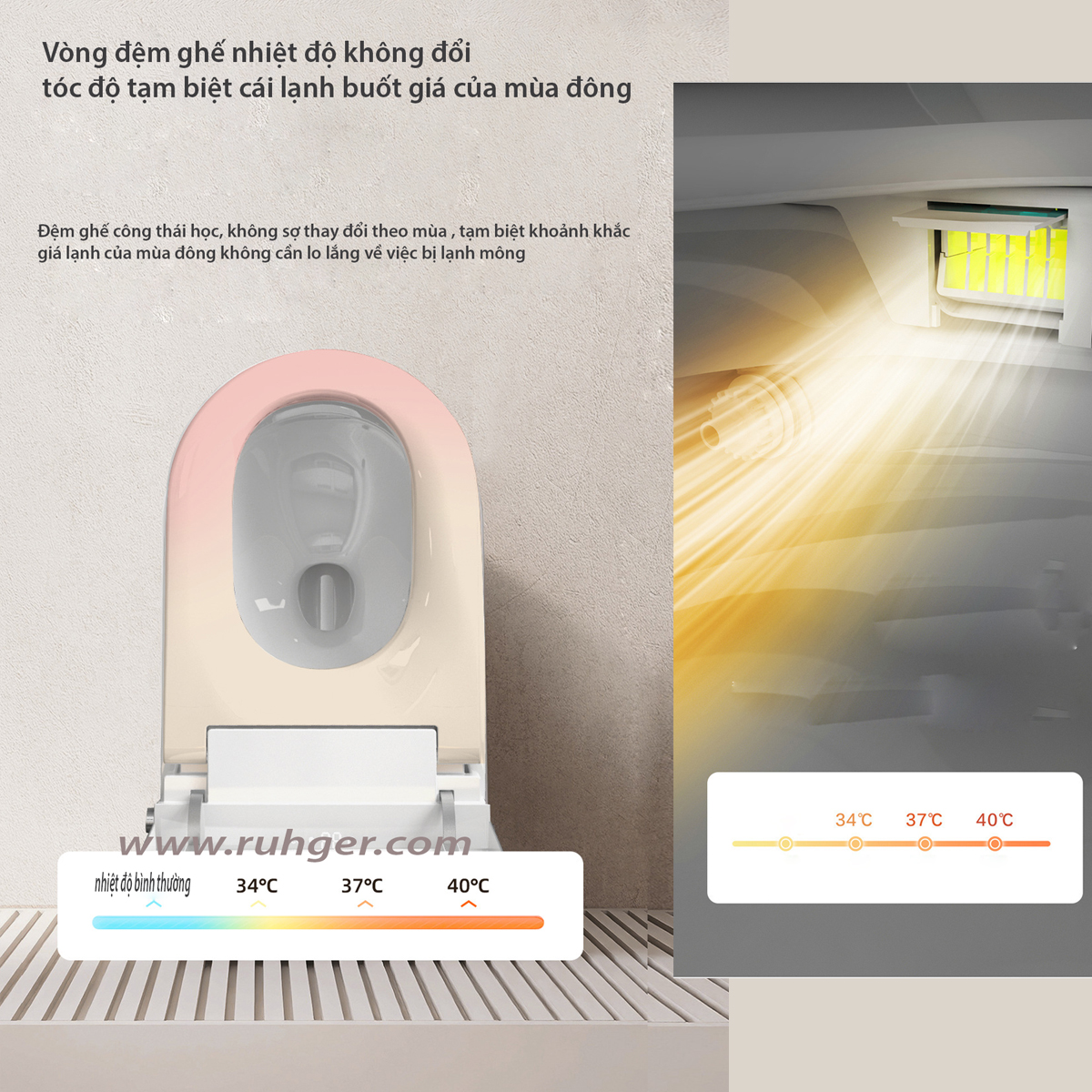Bồn cầu thông minh CR6940 với tính năng làm ấm bệ ngồi, mang lại trải nghiệm thoải mái.