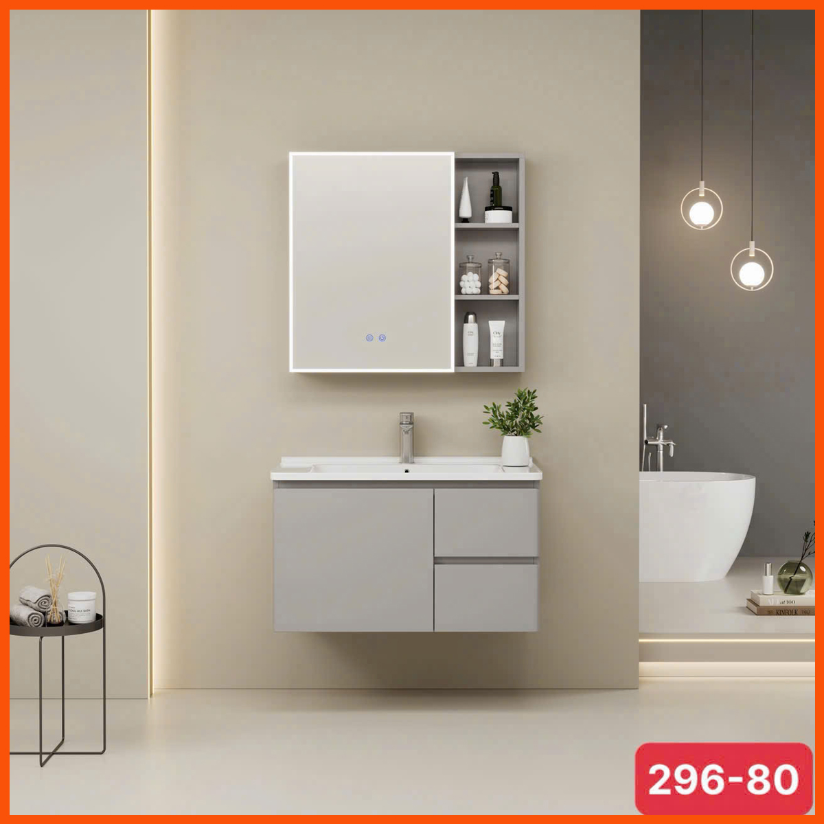 Bồn rửa mặt có tủ 296 inox cao cấp kèm gương LED cảm ứng, thiết kế hiện đại