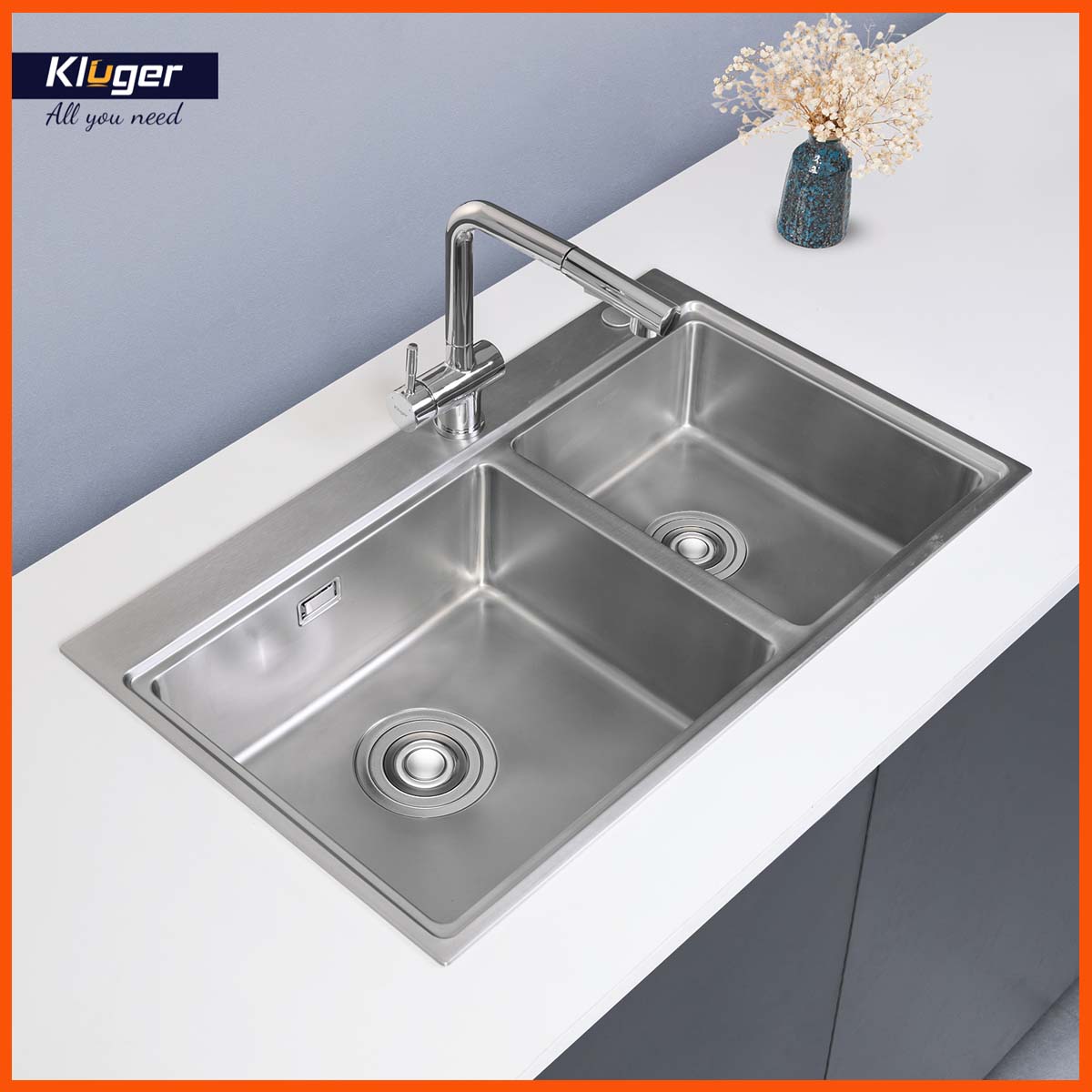 Chậu rửa 2 hố lệch Kluger KW8211S – S84 tiện lợi, phân chia chức năng rõ ràng