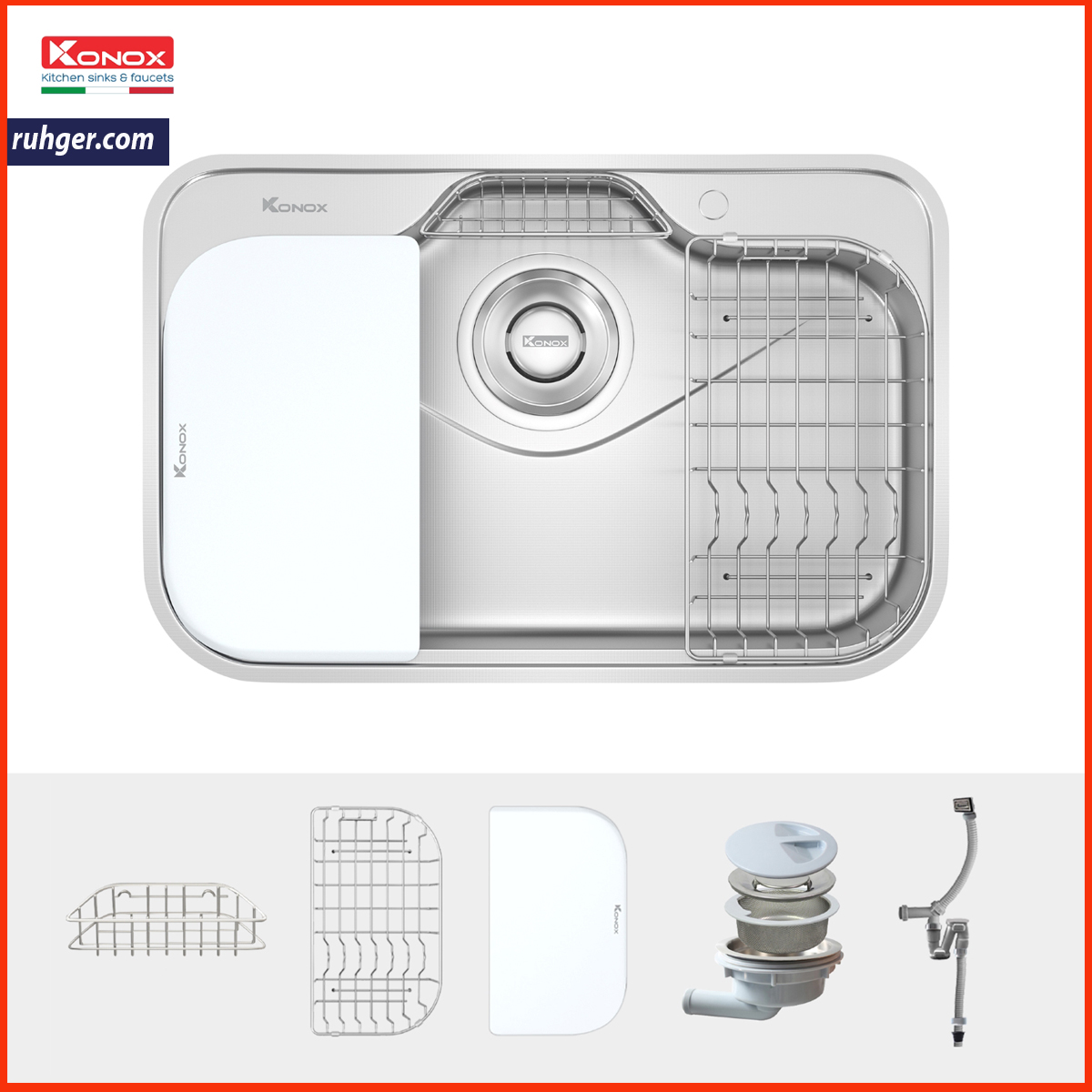 Chậu rửa bát inox 304 TARI 7851SR đi kèm phụ kiện tiện ích như rổ úp bát, thớt nhựa