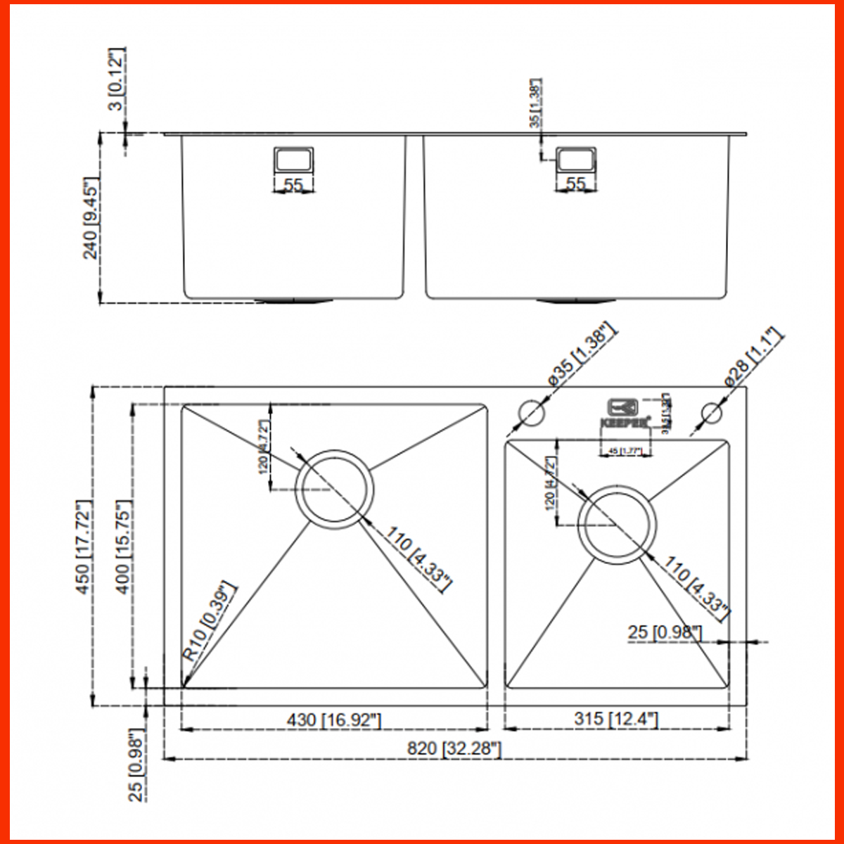 Thông số kỹ thuật chậu rửa bát KP – CR02 – 8245L