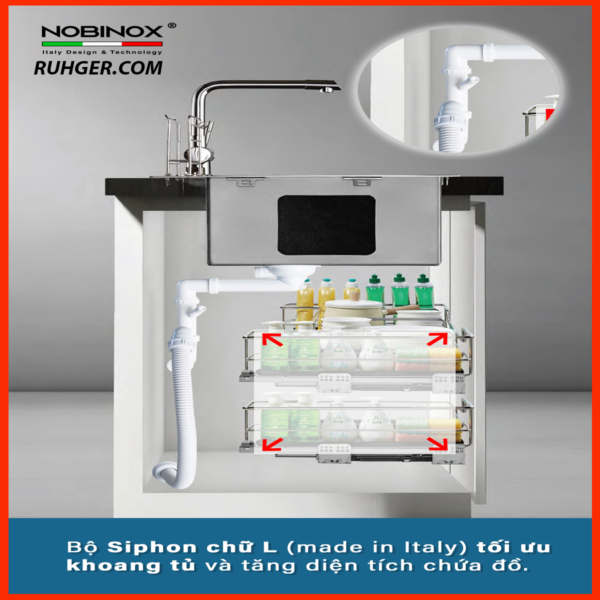 Chậu Rửa Bát Nobinox NT699PK xi phong thiết kế chữ L áp sat vào tủ gọn gàng tiết kiệm không gian khoang tủ