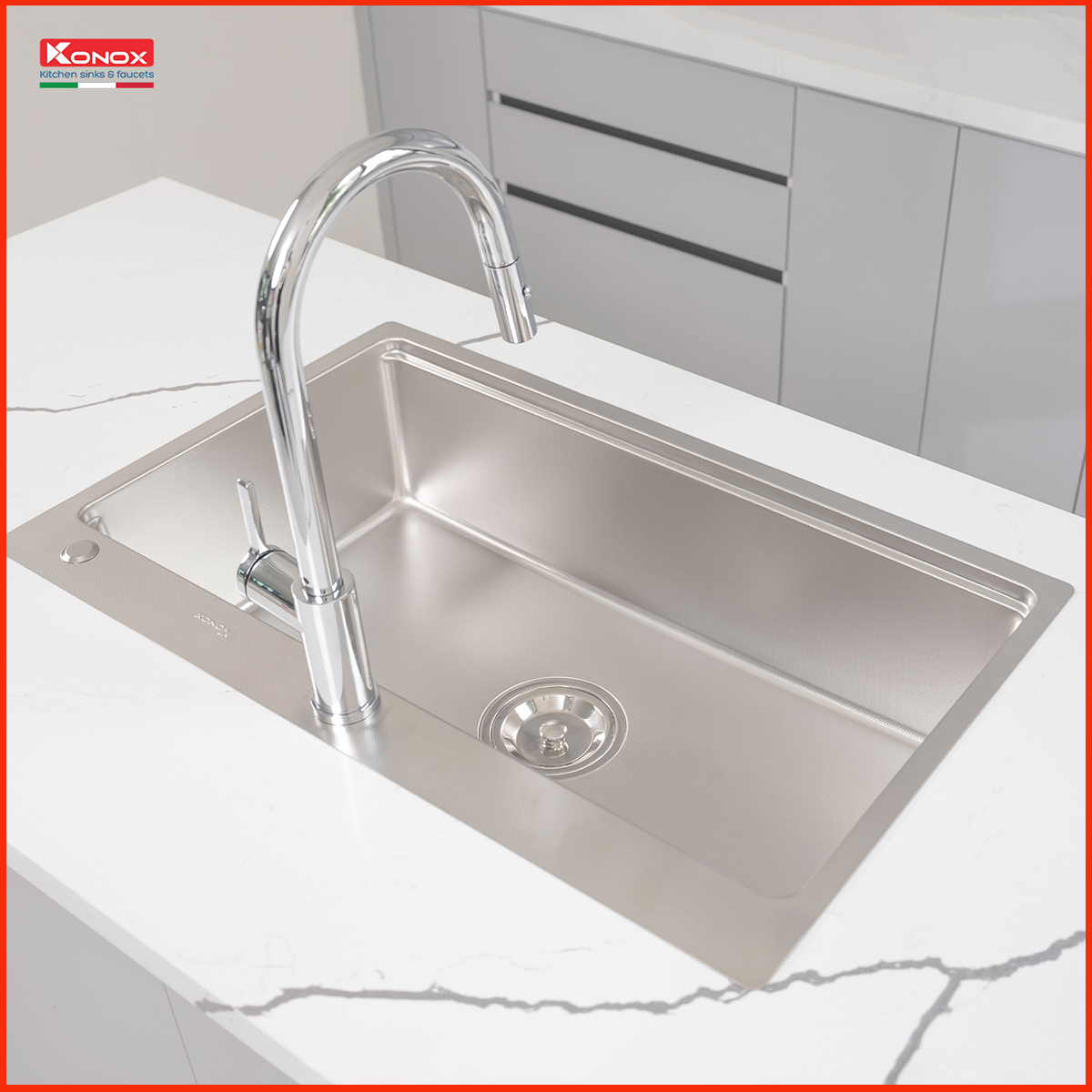 Hệ thống thoát nước Siphon cải tiến giúp chậu rửa Konox KN8151TS xả nước nhanh, hạn chế mùi hôi