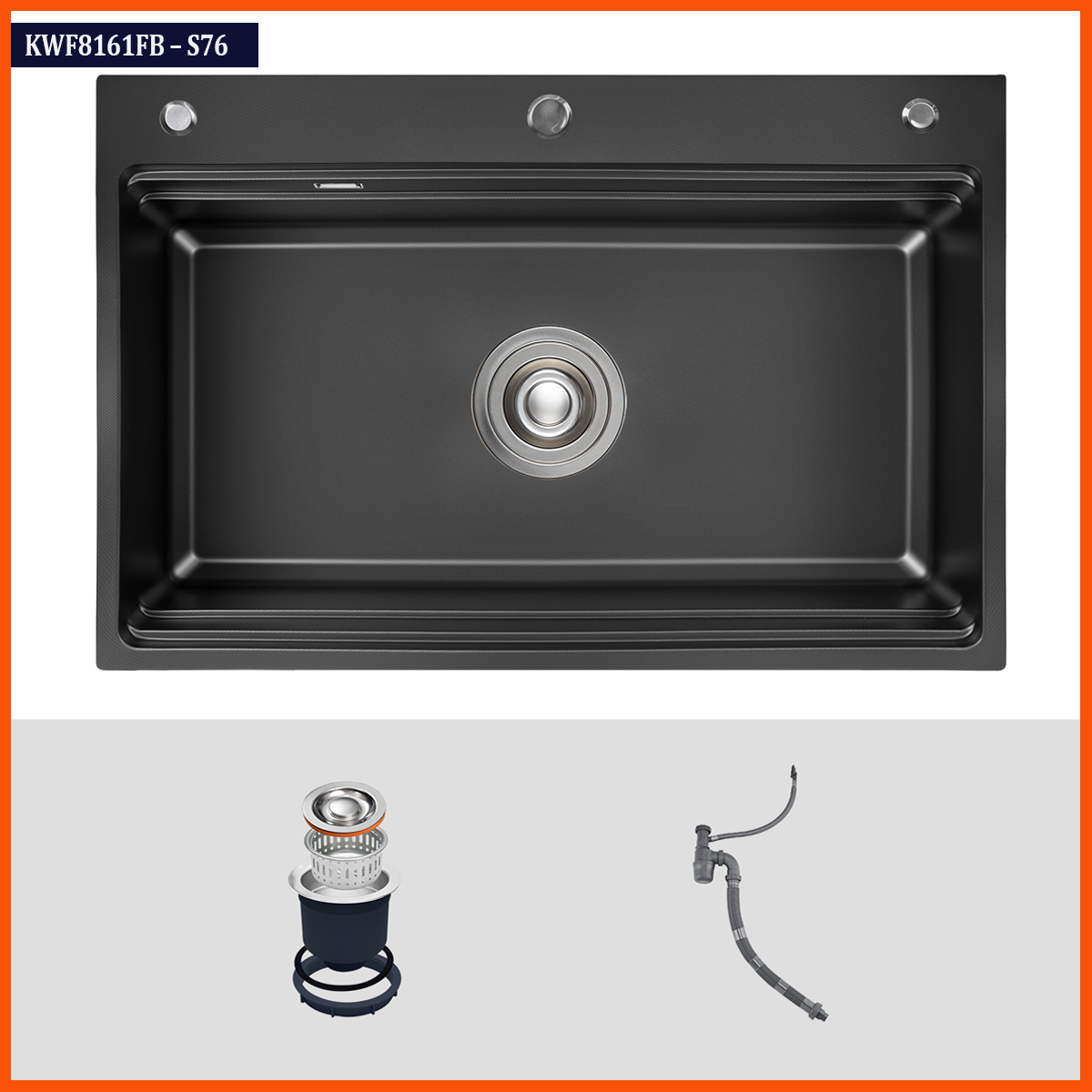 Chậu rửa bát Kluger KWF8161FB – S76 inox 304 màu đen, thiết kế 1 hố vuông hiện đại