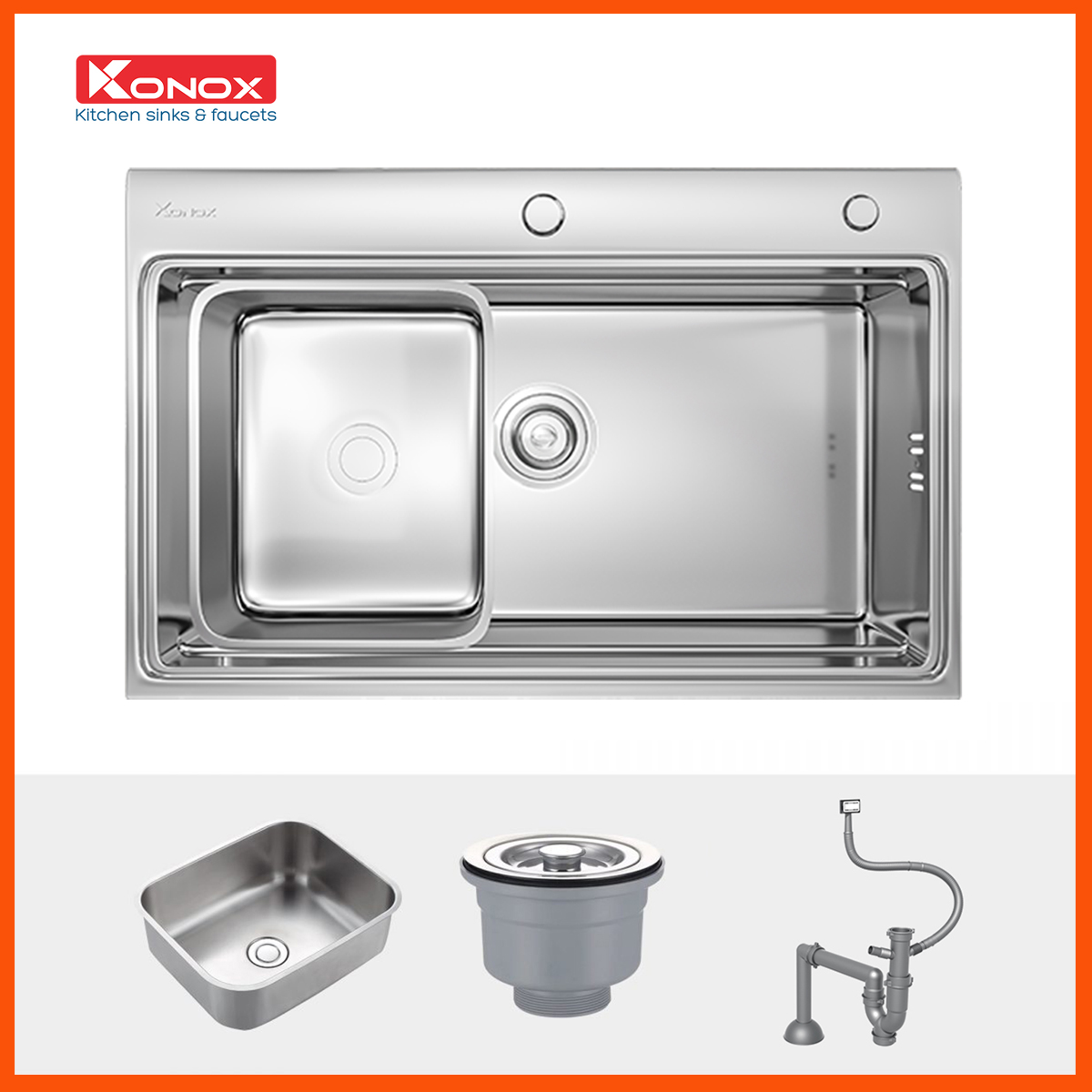 Chậu rửa bát inox 304 KONOX KN7548SO chính hãng – thiết kế 1 hố rộng, kiểu Overmount