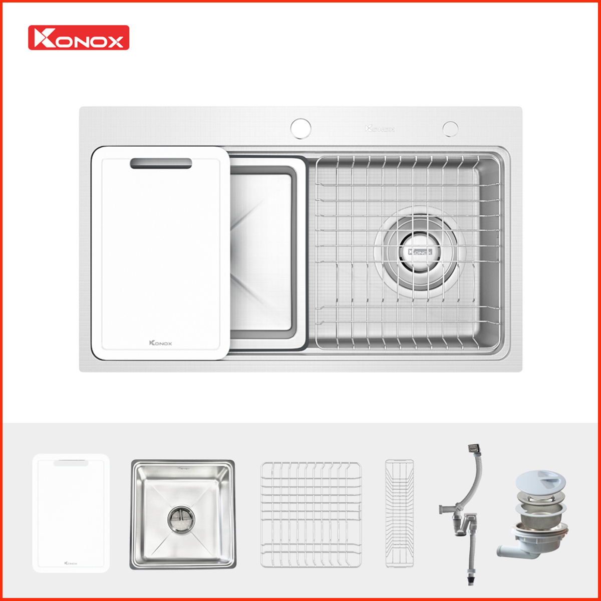 Chậu rửa bát Konox KN8048TS Dekor inox 304 cao cấp, lắp âm bàn hoặc dương bàn
