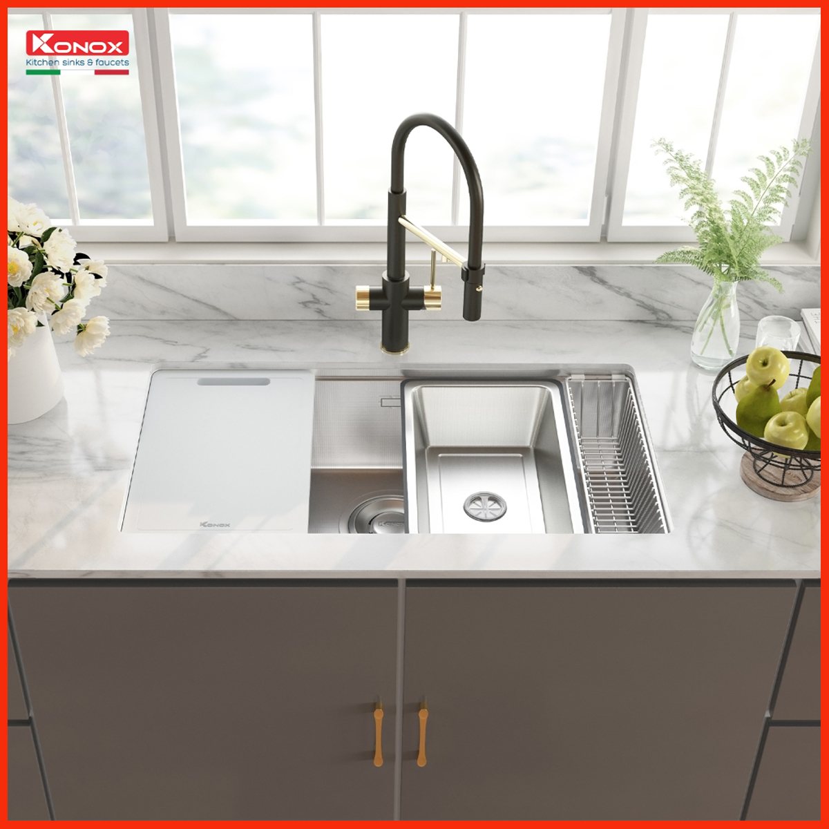 chậu rửa bát inox 304 Konox TARI 8748SR trải nghiệm phòng bếp hiện đại