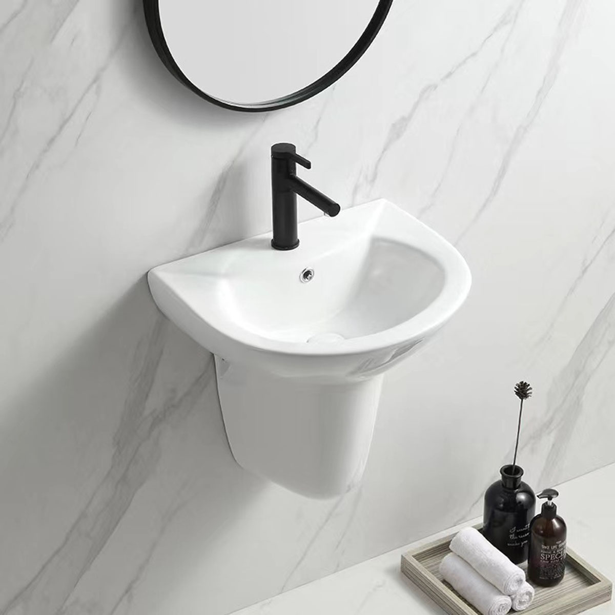 Chậu lavabo treo tường có chân rời, chất liệu sứ men nano sáng bóng, chống bám bẩn, dễ dàng vệ sinh