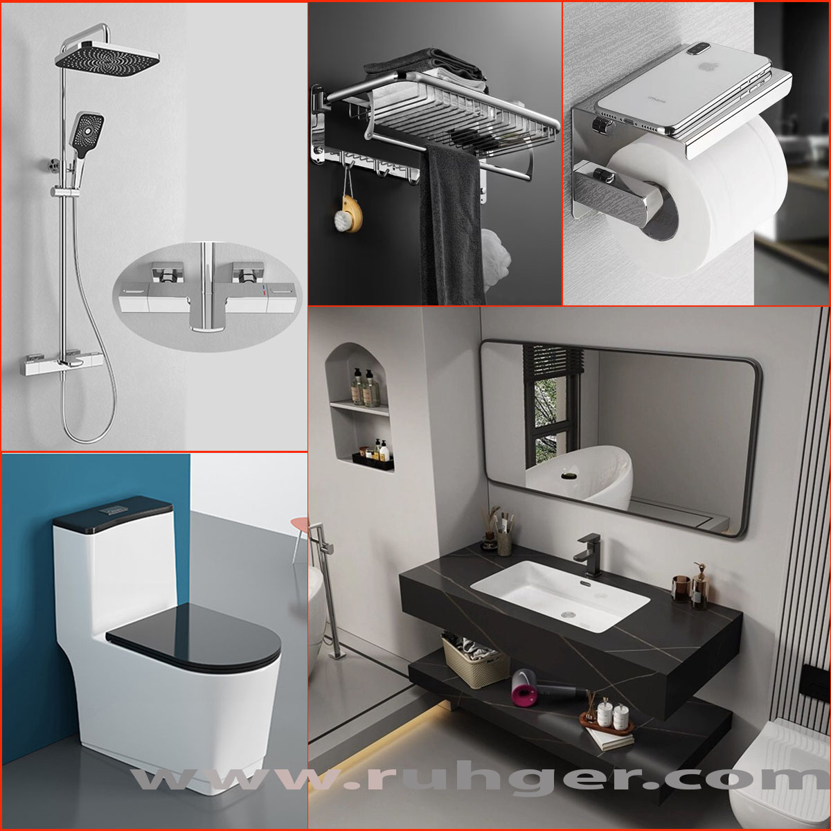 Combo thiết bị vệ sinh phòng tắm CB97 gồm bồn cầu, sen tắm, lavabo, gương, vắt khăn , bàn đá