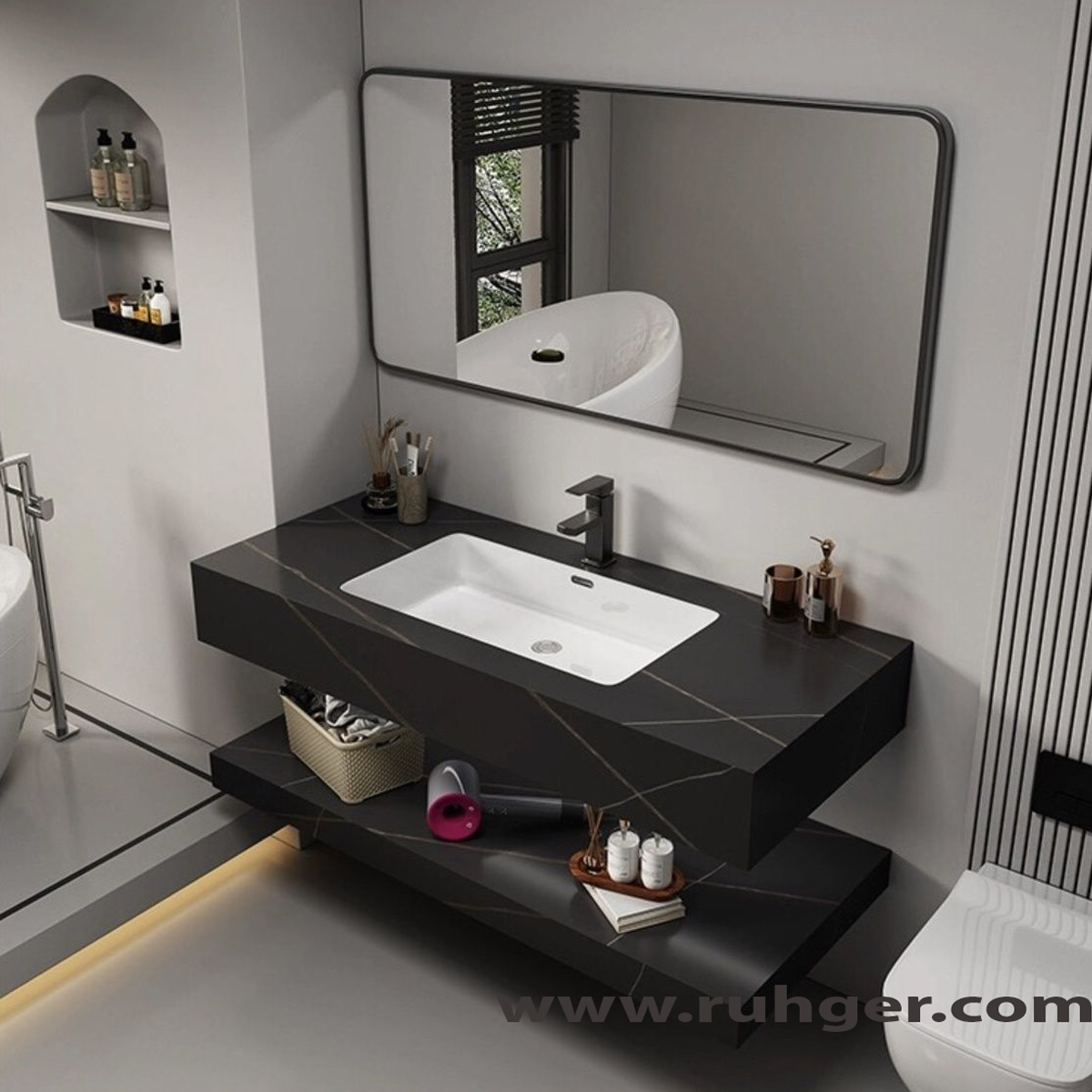 Bàn đá lavabo 2 tầng kèm chậu rửa tràn viền và gương soi bo viền sang trọng