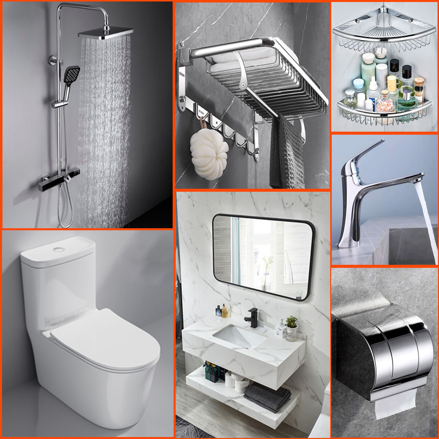 Trọn bộ combo phòng tắm RG30 VIP – 9 món thiết bị vệ sinh cao cấp gồm bồn cầu liền khối, bàn đá 2 tầng chậu âm, sen tắm nhập khẩu, gương bo viền sang trọng, vắt khăn, kệ góc, xịt vệ sinh và lô giấy.