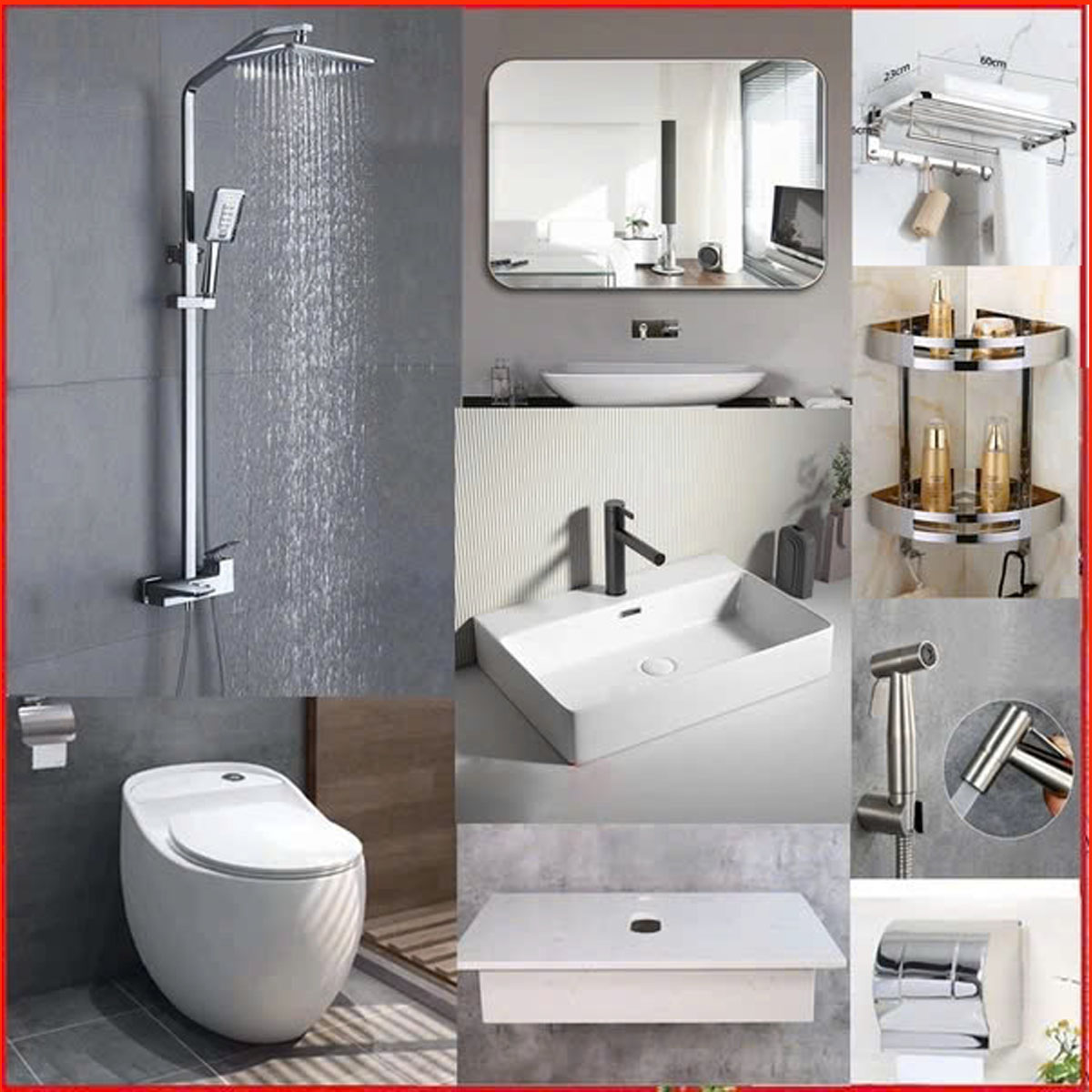 trọn bộ combo phòng tắm cb19m gồm có sen tắm , bồn cầu b, bàn đá , gương đầy đủ phụ kiện