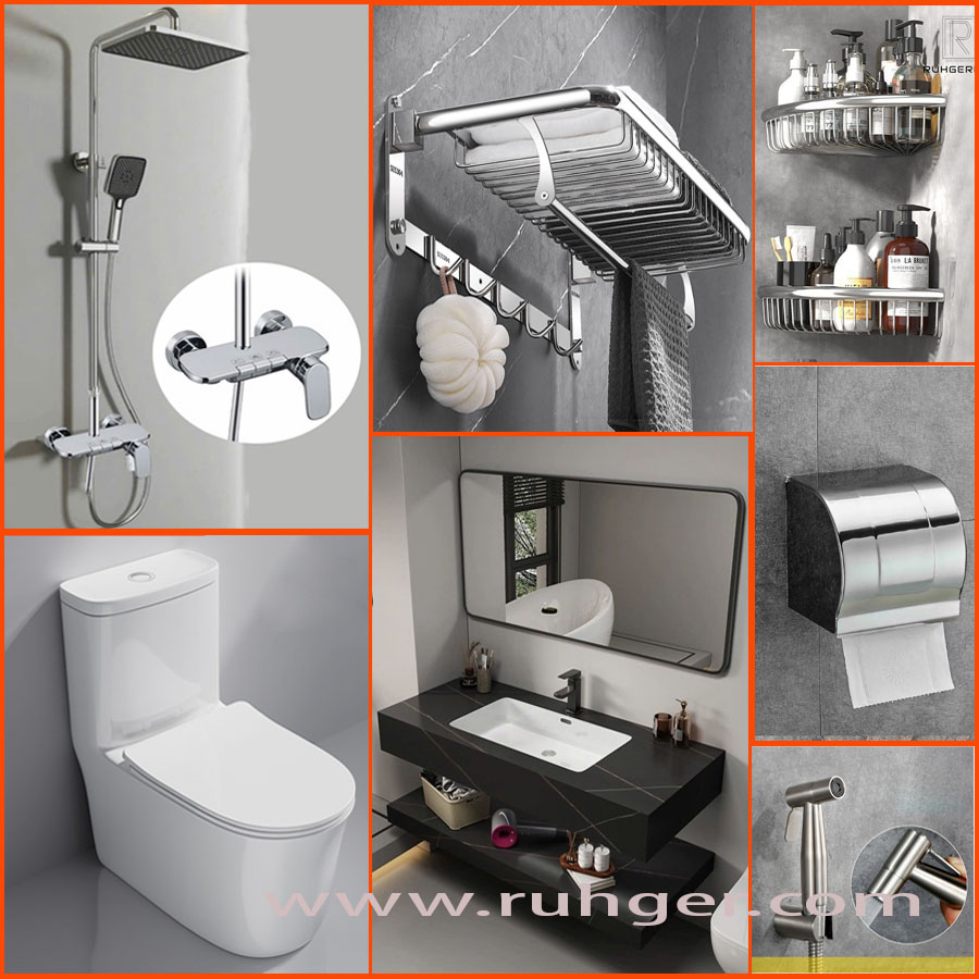 Trọn bộ combo phòng tắm RG356 gồm 9 món cao cấp – Bàn đá 2 tầng, bồn cầu 1 khối Nano Platinum, sen tắm mạ Chrome, gương LED sang trọng và phụ kiện inox 304.