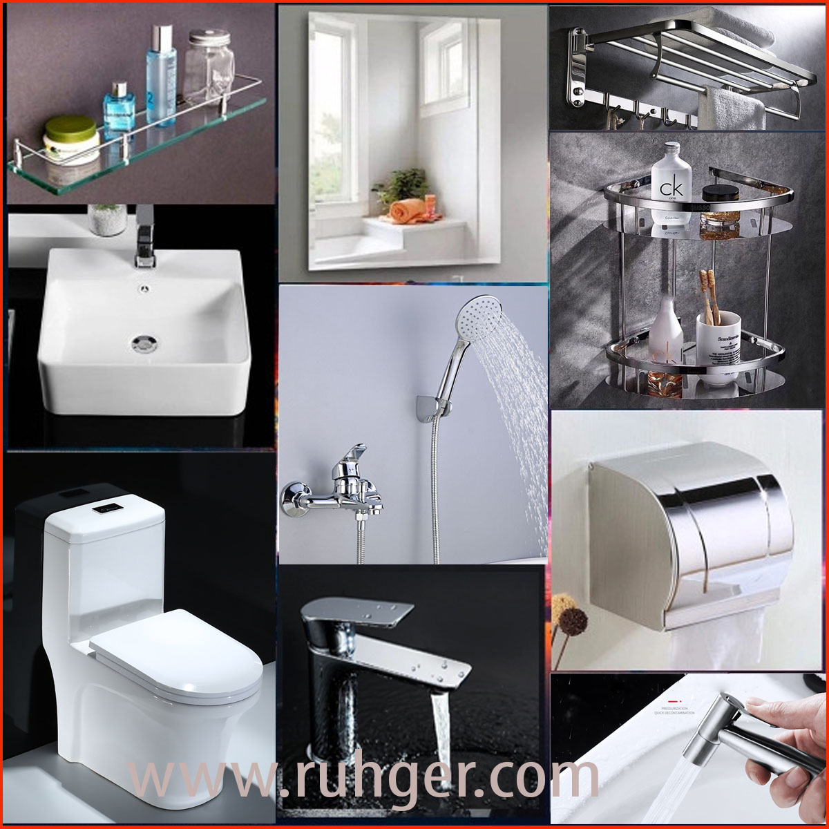 Combo thiết bị vệ sinh phòng tắm FTF01 gồm bồn cầu, lavabo, sen cây, gương tráng bạc – Chính hãng Ruhger, giá tốt nhất