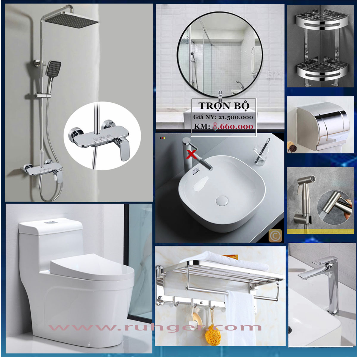 Combo thiết bị vệ sinh phòng tắm 105A gồm bồn cầu, lavabo, sen cây, phụ kiện inox 304 – Chính hãng Ruhger, giá tốt nhất