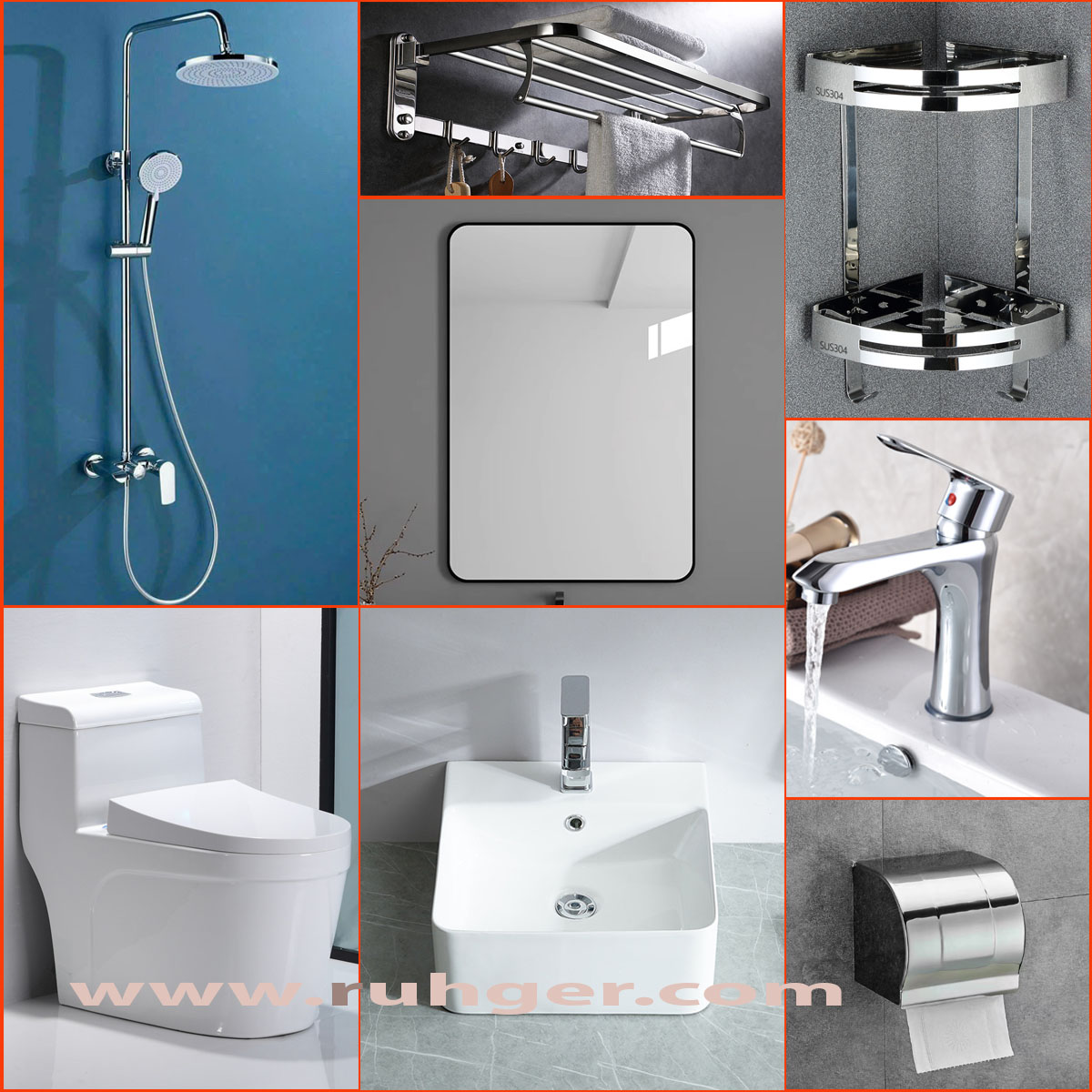 Combo thiết bị vệ sinh phòng tắm CB19 gồm bồn cầu, sen tắm, lavabo, gương, kệ kính