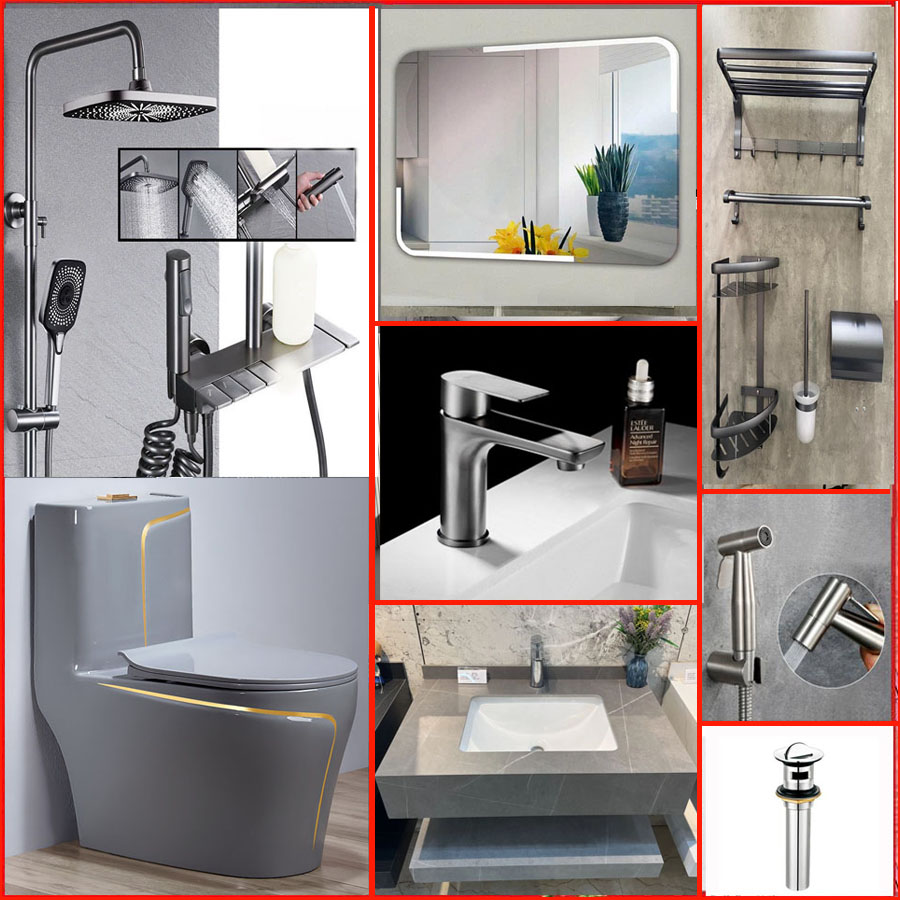Combo thiết bị nhà tắm FTF36 – Bộ 8 món cao cấp gồm bồn cầu men tuyết, sen tắm cây, bàn đá đôi, gương tráng bạc, vòi lavabo, phụ kiện inox 304