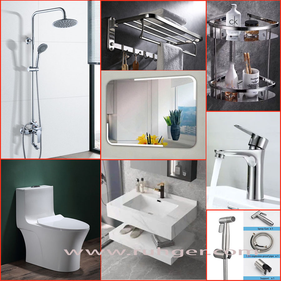 Combo thiết bị vệ sinh phòng tắm RG083 - Bộ 8 món cao cấp gồm bồn cầu, sen tắm, bàn đá, gương, vòi lavabo, kệ inox 304, vắt khăn, xịt vệ sinh