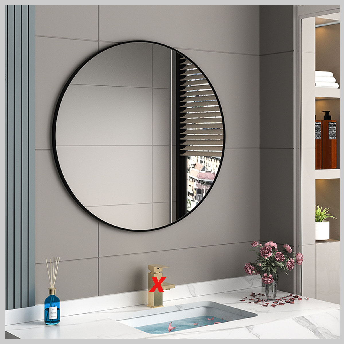 Gương soi tròn CB183 viền đen hiện đại, tráng bạc chống mờ sương, phản chiếu sắc nét