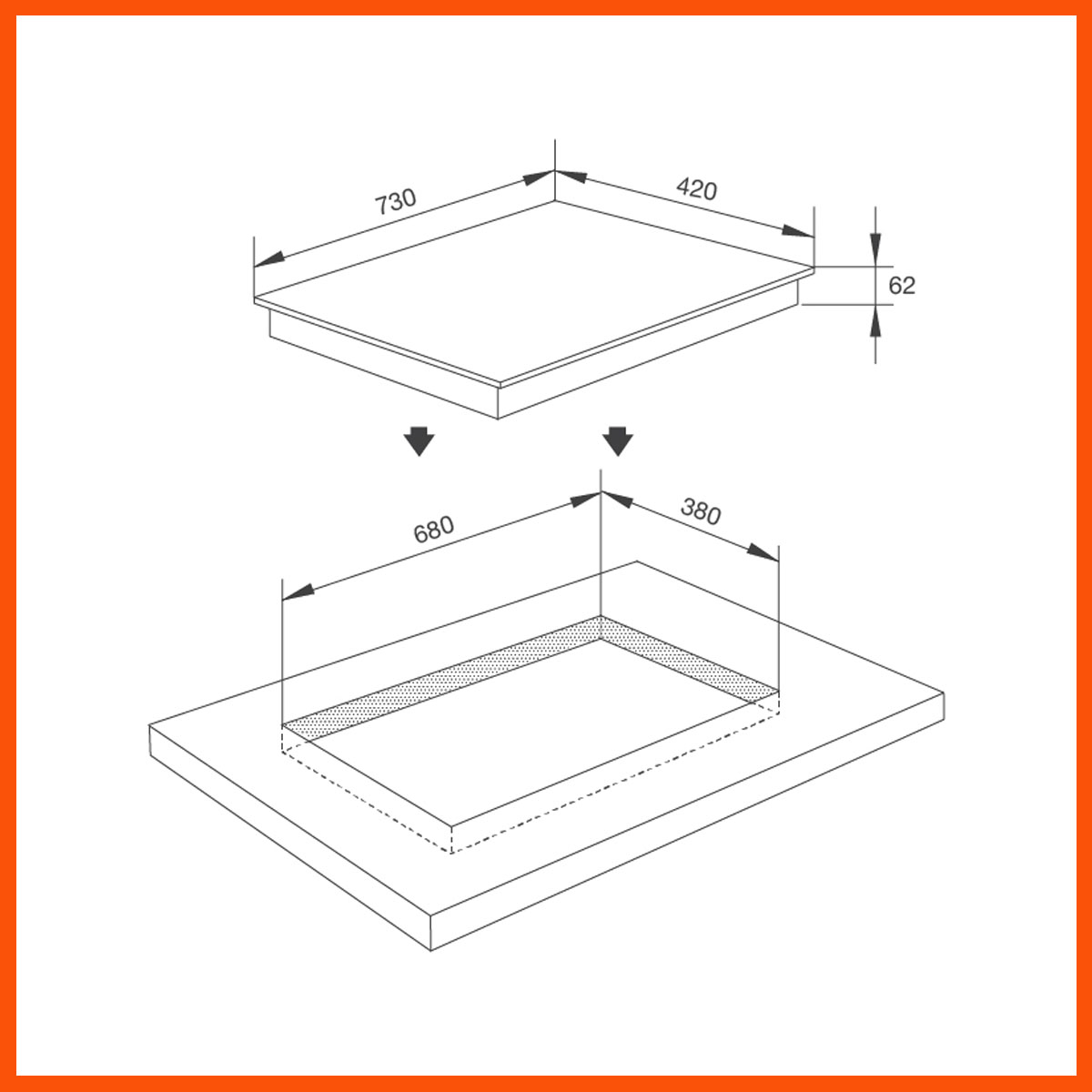 Kích thước lắp đặt âm tiêu chuẩn cho bếp từ MH-732 IN