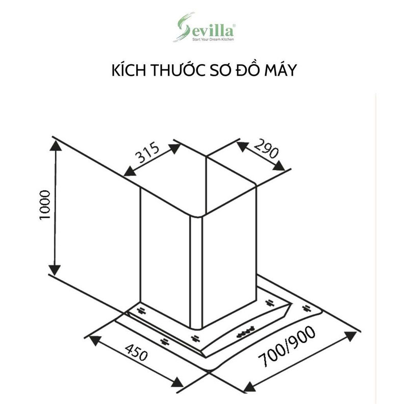 Kích thước kỹ thuật máy hút mùi Sevilla SV 770 – rộng 700mm, ống thoát Ø150mm.