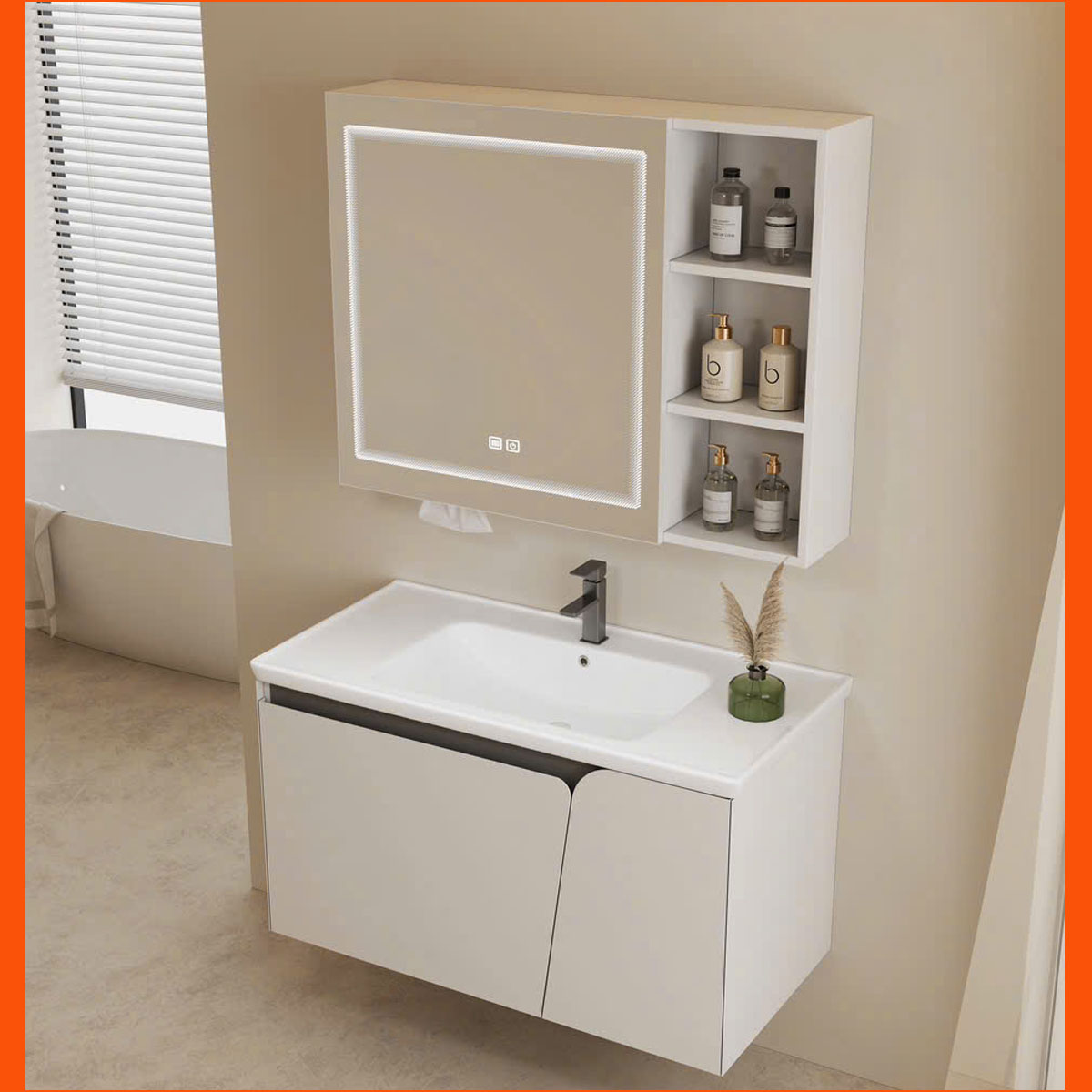 Lavabo có tủ inox và gương LED cảm ứng trong combo CB913