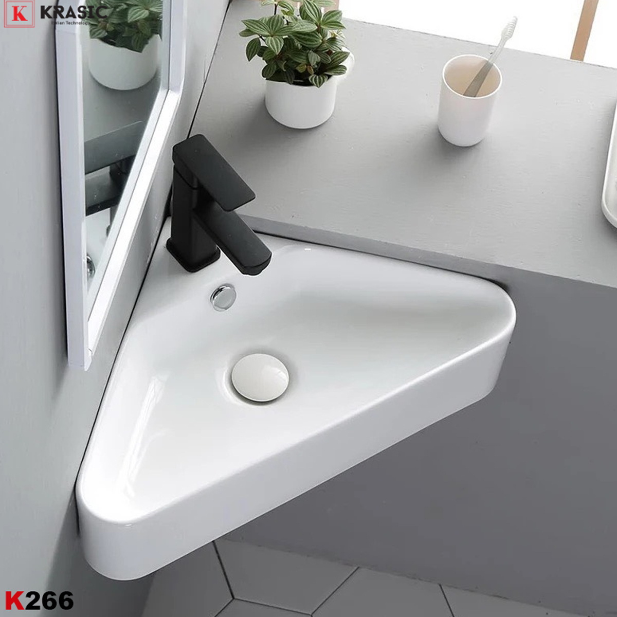 Lavabo góc KRASIC K-266 treo tường – tiết kiệm diện tích, sứ cao cấp trắng bóng