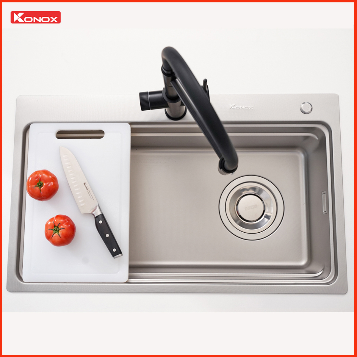 Chậu rửa bát Konox KN8048TS với lòng chậu sâu 220mm, chống bắn nước