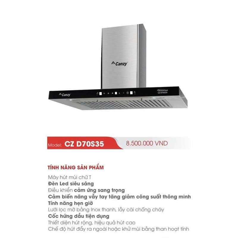 Thông Số Kỹ Thuật Chi Tiết Máy Hút Mùi Canzy CZ D70S35