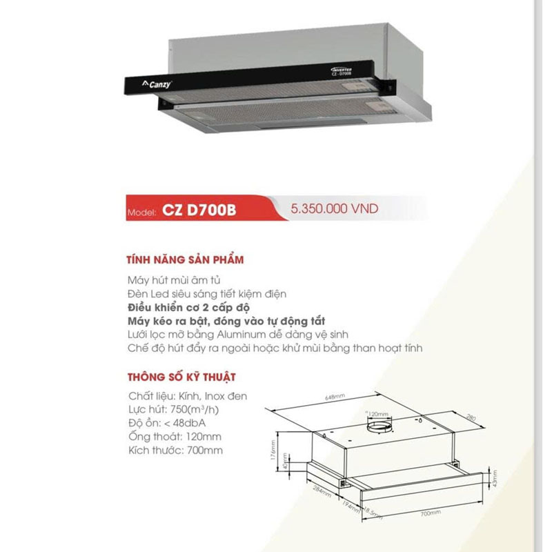 Máy hút mùi Canzy D700B thông số kỹ thuật