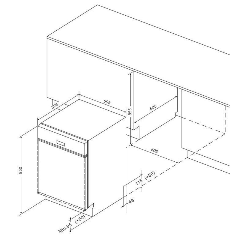 Kích thước máy rửa bát Eurosun SMS80EU15E – Lắp đặt độc lập hoặc âm tủ