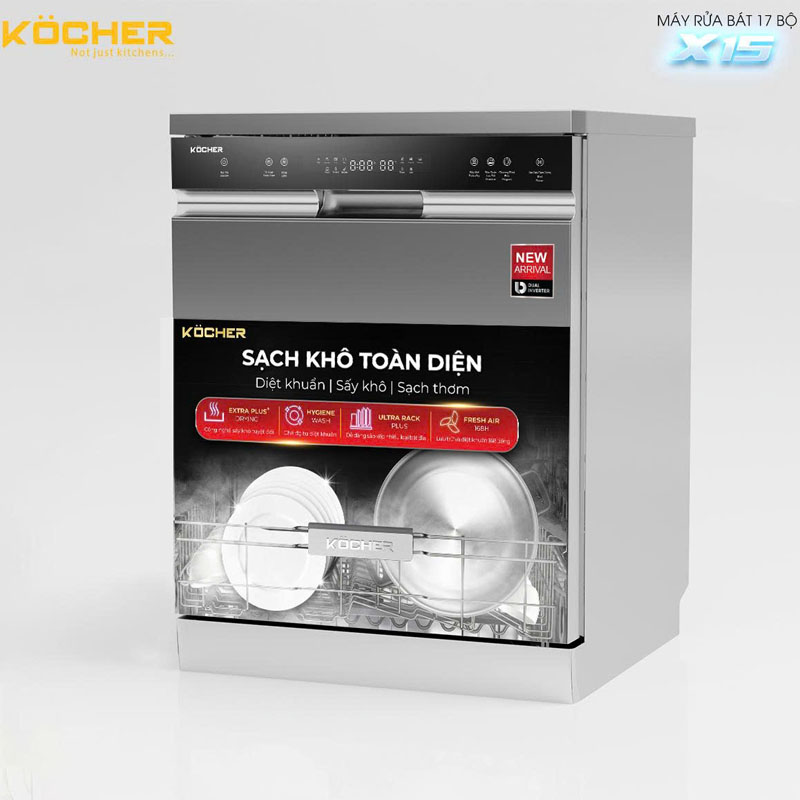 Máy rửa bát Kocher KDEU X15S – 17 bộ, sấy Extra Plus Drying, diệt khuẩn Hygiene Wash