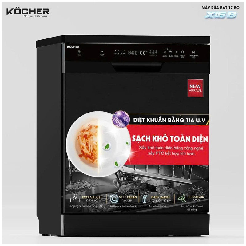 Máy rửa bát Köcher X16B – 16 bộ, sấy Turbo, diệt khuẩn UV, Inverter tiết kiệm điện