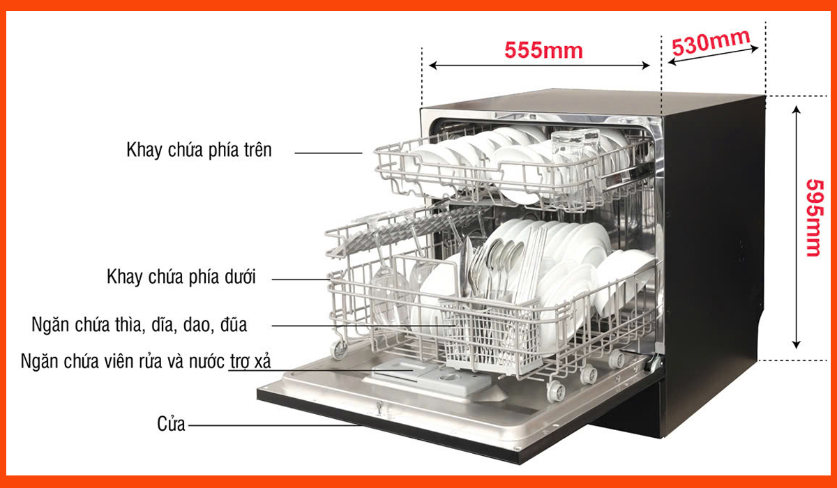 Kích thước máy rửa bát Spelier SMS 08 Plus 1/DW lắp âm hoặc độc lập