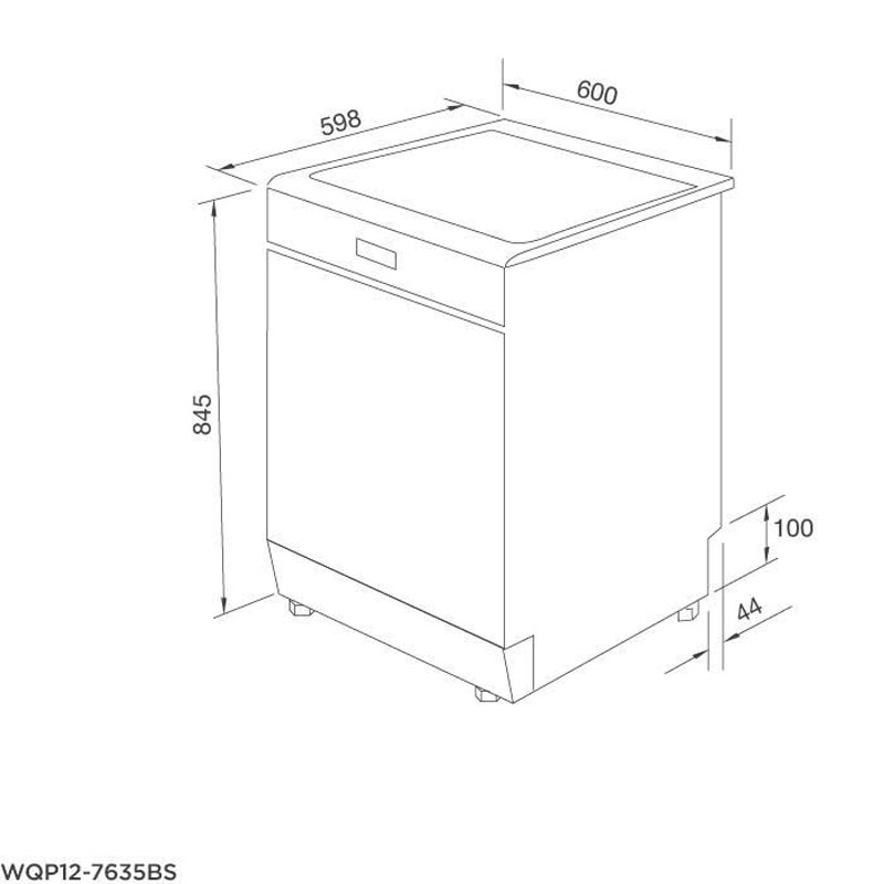 Máy rửa chén WQP12-7635BS kích thước chuẩn W598 x D598 x H845mm