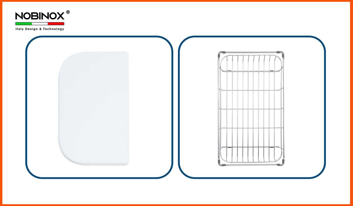 Phụ kiện chậu rửa bát ROSA NN975D: thớt, rổ lọc, ống xả thông minh