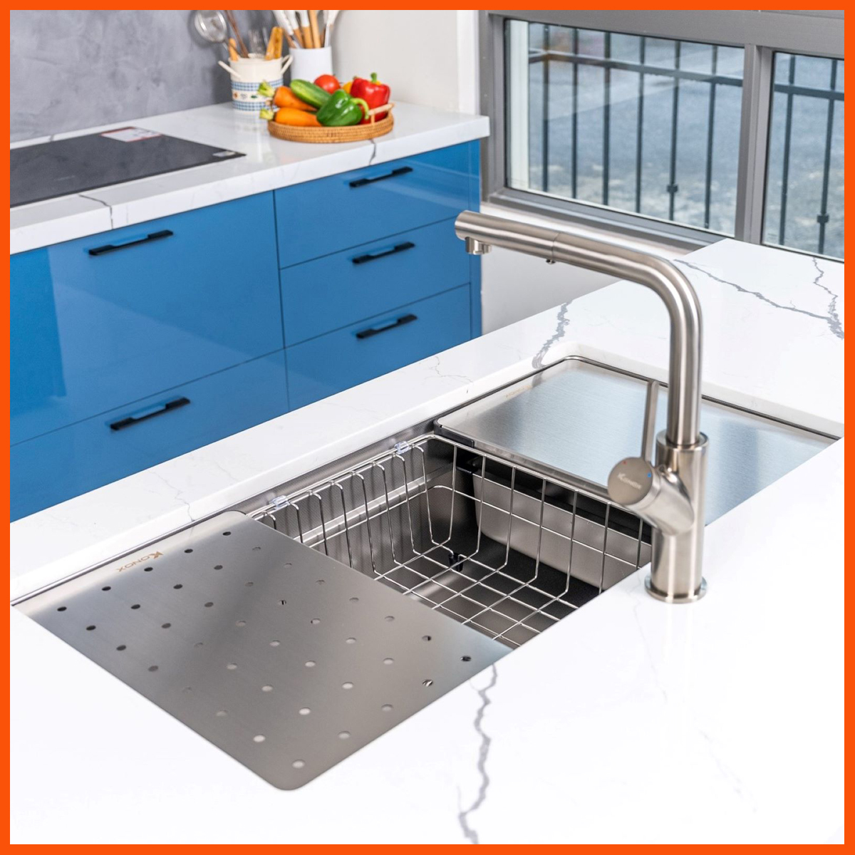 Bộ phụ kiện thông minh đi kèm chậu rửa KONOX KN8644SU – thớt inox, giá úp bát, colander sink