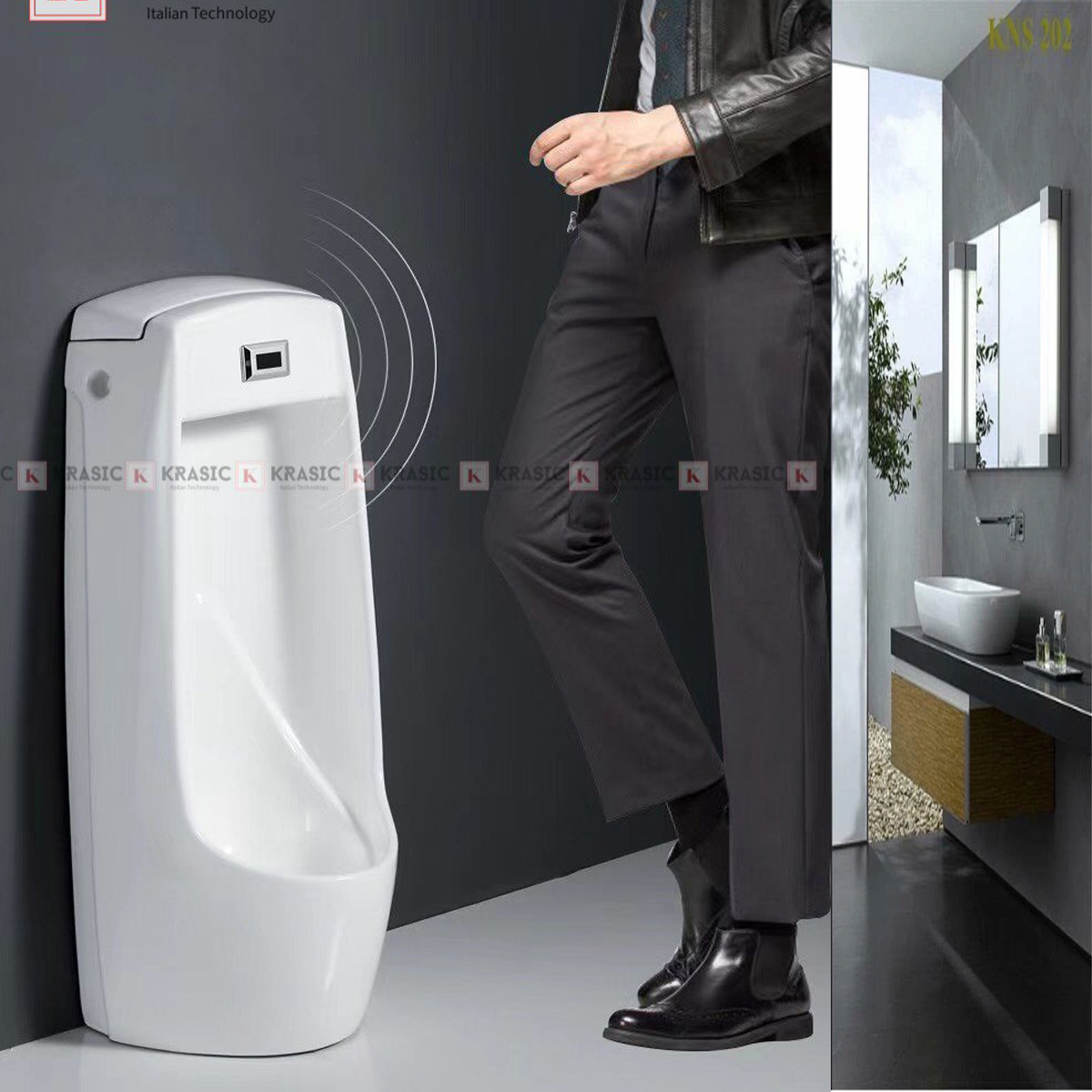 Tiểu nam cảm ứng KRASIC K-408 đặt sàn – xả nước tự động, men sứ kháng khuẩn