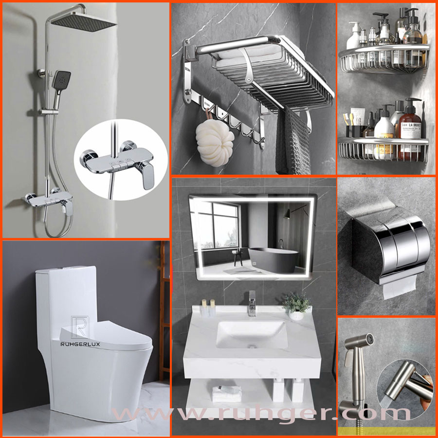 Trọn bộ combo phòng tắm RG303 – Thiết kế đồng bộ, sang trọng với 9 món cao cấp gồm bồn cầu 1 khối, bàn đá 2 tầng, vòi sen cây, gương LED, phụ kiện inox 304 chính hãng tại ruhger