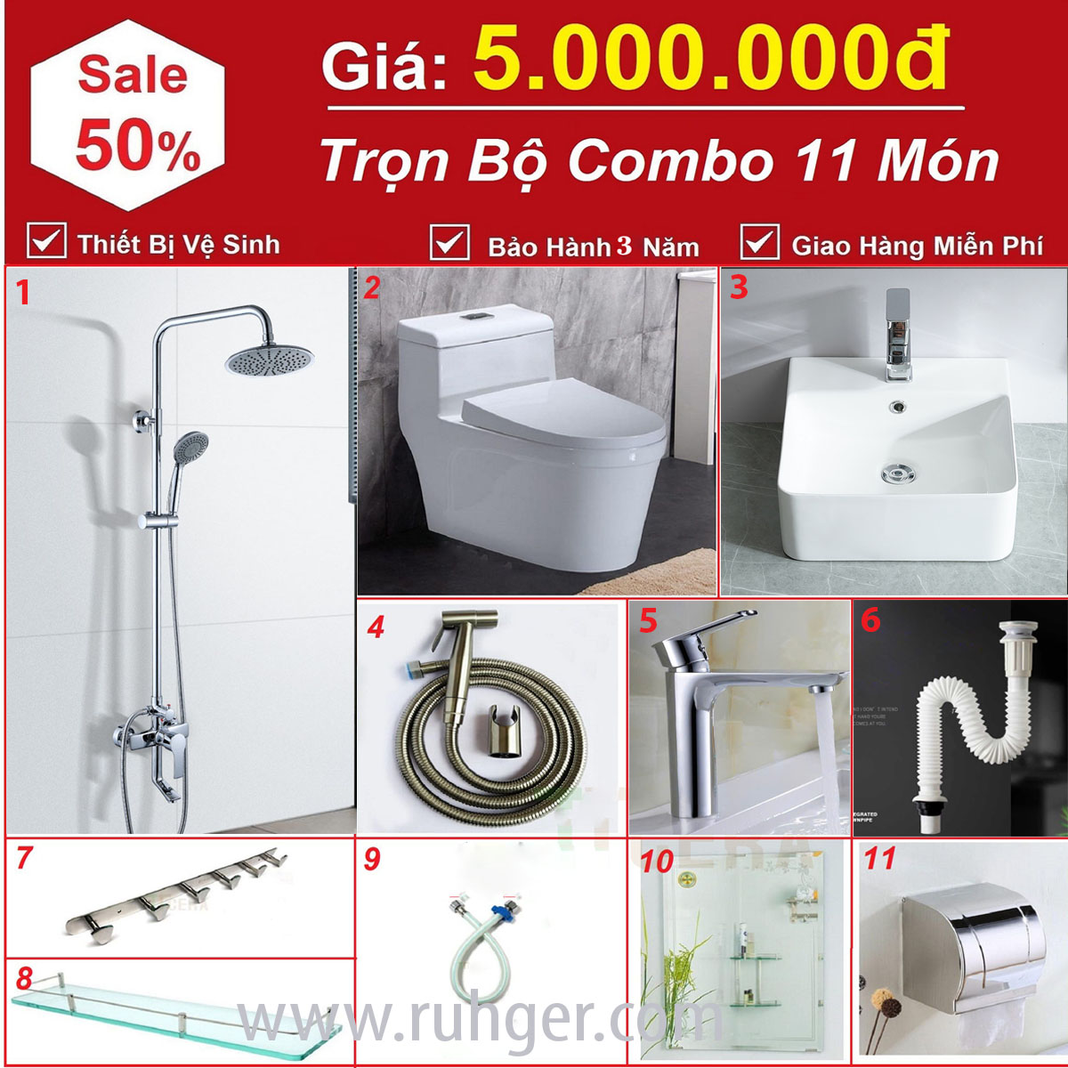 Trọn bộ combo thiết bị vệ sinh phòng tắm CB05 cao cấp, sang trọng, đầy đủ tiện nghi.