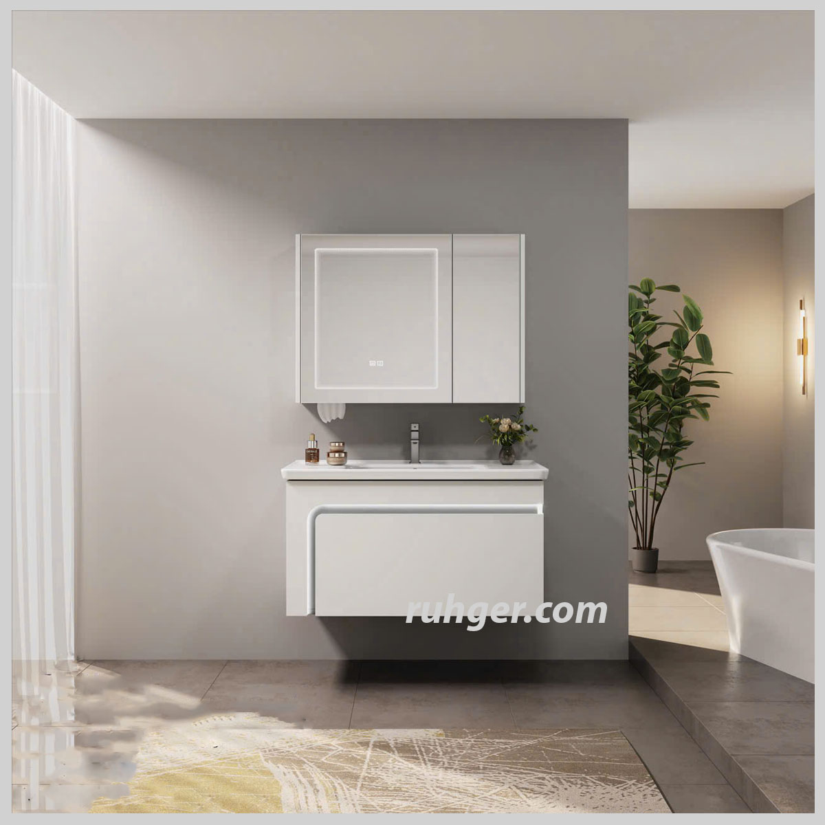 Tủ chậu rửa mặt inox kèm gương LED sang trọng, mặt sứ Nano dễ vệ sinh