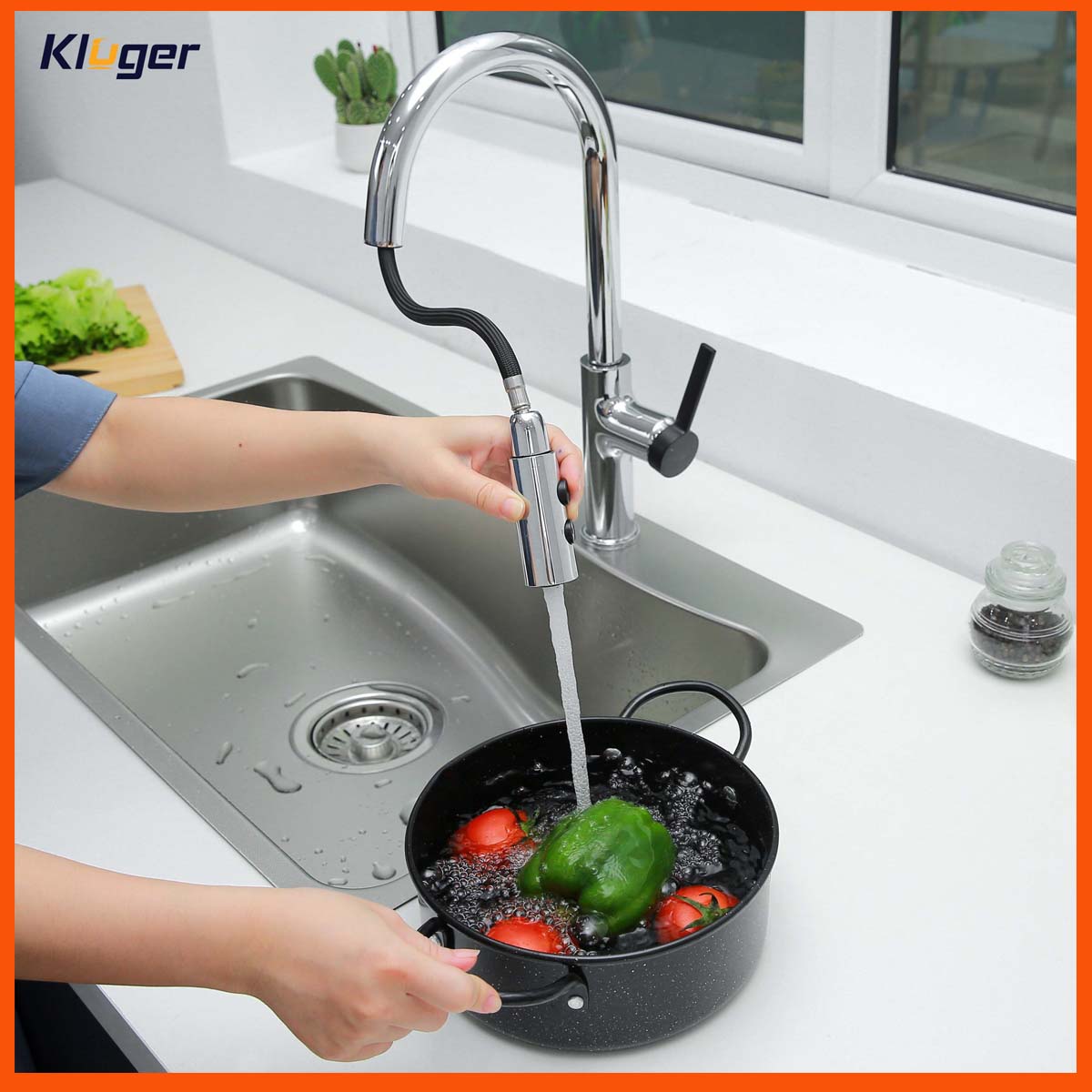 Vòi Kluger KLF0005C trang bị dây rút thông minh thế hệ mới, dễ điều chỉnh mọi hướng