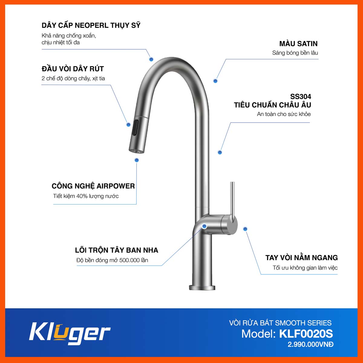 Vòi rửa bát Kluger KLF0020S inox 304 cao cấp, dây rút linh hoạt, xoay 360 độ